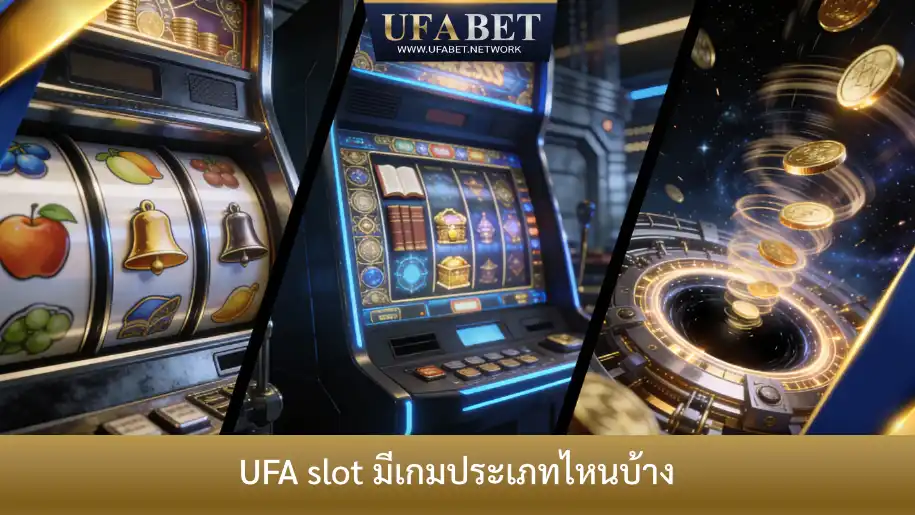 ภาพแสดงประเภทเกม UFA Slot ทั้งสล็อตคลาสสิก สล็อตวิดีโอ และสล็อตแจ็กพอตบนแพลตฟอร์ม UFABET