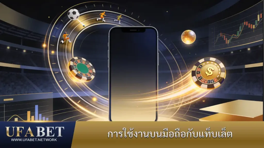 ภาพแสดงการใช้งาน UFABET บนมือถือและแท็บเล็ต ครอบคลุมการเดิมพันกีฬา คาสิโนสด และธุรกรรมออนไลน์แบบเรียลไทม์