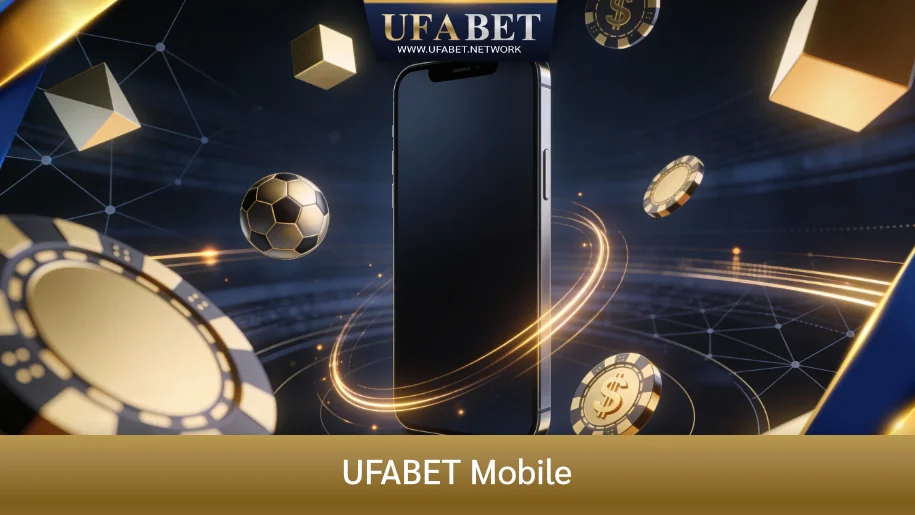 สมาร์ตโฟน UFABET Mobile พร้อมสัญลักษณ์กีฬาและคาสิโน สื่อถึงการใช้งานเว็บเดิมพันบนมือถือที่ปลอดภัยและทันสมัย